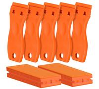 Confezione da 5 raschietti in plastica per rasoi e 200 lame, strumento per rimuovere etichette adesive, per rimuovere adesivi, guarnizioni e vernici sul vetro dell'auto (arancione)