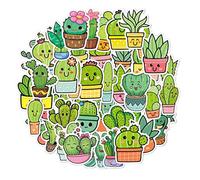 Confezione da 50 adesivi a forma di cactus con piante verdi e simpatici cartoni animati, adesivi impermeabili per bagagli per chitarra e laptop