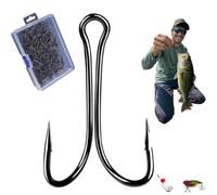 Confezione da 50 ami da pesca a doppia rana in acciaio al carbonio, 2 pezzi | Ami spinato doppio, offset largo spinato per la pesca della spigola in acqua salata e d'acqua dolce