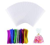 Confezione da 50 sacchetti di cellophane con 50 pezzi di fascette in colori misti, sacchetti di cellophane trasparenti Sacchetti dolci trasparenti per confezioni di caramelle (6,7x4,7 pollici)