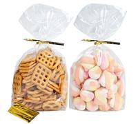 Confezione da 50 sacchetti in cellophane trasparente con fondo piatto, con 50 lacci intrecciati, per caramelle, popcorn, biscotti, piccole confezioni regalo (15,7 x 22,4 x 6,1 cm)