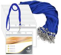 Confezione da 50 targhette orizzontali in plastica trasparente con porta badge e 50 cordini a collo piatto con gancio girevole, blu