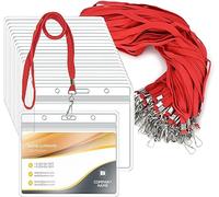 Confezione da 50 targhette orizzontali in plastica trasparente con porta badge e 50 cordini piatti con gancio girevole, rosso