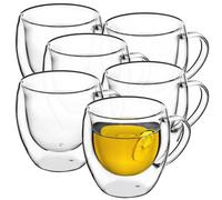 confezione da 6 Cadax a doppia tazza di vetro meritata, 250 ml, bicchiere con ampia presa, bicchiere da bere per succo, tè, caffè, cappuccino, acqua, tè freddo, ghiaccio, vetro universale, bicchiere