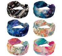 Confezione da 6 fasce per capelli da donna, alla moda, antiscivolo, con nodi, incrociate, misteriose, universo, spazio, cielo stellato, larghe, per allenamento, sport, yoga