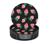 Confezione da 6 graziose fragole su sotto chiere nero per bevande con supporto, sotto chieri in pelle antiscivolo impermeabili pastorali country per cucina, tavolo in legno, tavolino da pranzo, ba