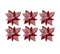 Confezione da 6 ornamenti natalizi artificiali, stella di Natale con petali di flanella e dettagli di neve per alberi, ghirlande e centrotavola (rosso vinaccio)