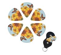Confezione da 6 plettri per chitarra in celluloide di diverso spessore, con girasole e farfalla, 3 diversi spessori, con supporto per plettro, per chitarra acustica, chitarra elettrica, basso, ukulele