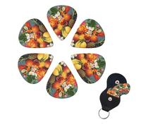 Confezione da 6 plettri per chitarra in celluloide di diverso spessore, con porta plettro, con motivo tropicale, frutta e fiori, per chitarra acustica, chitarra elettrica, basso, ukulele