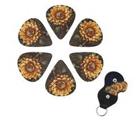 Confezione da 6 plettri per chitarra in celluloide di spessore diverso con girasole su sfondo nero, con supporto per plettro, per chitarra acustica, chitarra elettrica, basso, ukulele