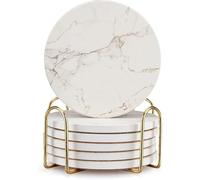 Set di 6 sottobicchieri in marmo bianco con supporto, sottobicchieri assorbenti per bevande in pietra, sottobicchieri in ceramica per vino da tavolo