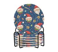 Confezione da 6 sottobicchieri per bevande calde o fredde con supporto per tavolino da caffè, bicchieri da vino e bar, decorazione minimalista per la casa, Natale, blu navy, Babbo Natale elfo