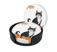 Confezione da 6 sottobicchieri rotondi in pelle ecologica in poliuretano con scritta "Happy Halloween-Day-Trick-Or-Treat", con scatola, facili da pulire, resistenti al calore, per casa, ufficio e