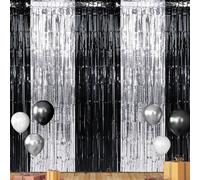 Confezione da 6 tende con frange decorative da 9 x 1,8 m, in lamina di alluminio, colore nero argento metallizzato, per foto di laurea, ballo di fine anno, matrimoni, feste di compleanno