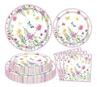 Confezione da 60 piatti di carta e tovaglioli di fiori primaverili per feste in giardino Set di stoviglie a tema fiori selvatici Set da tavola floreale primaverile baby shower compleanno tea time