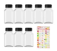 Confezione da 8 bottiglie di succo di plastica con 1 etichetta di frutta, contenitore trasparente per bevande, bottiglie di succo con coperchio nero, per conservare succo, latte, frullato