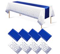 Confezione da 8 tovaglie usa e getta in plastica e runner da tavola in raso bianco e blu a pois blu per matrimoni, compleanni, baby shower, anniversari, Natale, Capodanno, forniture per feste