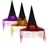 Confezione da tre cappelli da strega di Halloween con grandi volant e punte appuntite, realizzati in tessuto di poliestere leggero che fornisce una vestibilità comoda per le donne in occasione di