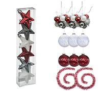 Confezione decorazione natalizia rosso/argento/bianco: 6 stelle di Natale 3 colori+3 palline di cristallo 100 mm+ 3 palline di cristallo 90 mm+ 3 x fiori di Natale 11 palline colore+ 2 ghirlande