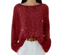 Confezione di felpe da donna glitterate vere paillettes una striscia di spalla caldo maglione ragazzi maglione, Rosso mattone, L