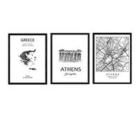 Confezione di poster e monumenti paesi. Athens mappa della città, mappa Grecia Acropolis monumento. formato A4
