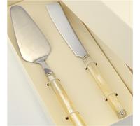 Confezione due pezzi per Dolce PERLATO modello Linea composizione pala e coltello scatolato manicatura in acrilico con doppia ghiera tornita. in scatolata bomboniera serigrafata inox lucido