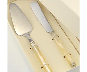 Confezione due pezzi per Dolce PERLATO modello Linea composizione pala e coltello scatolato manicatura in acrilico con doppia ghiera tornita. in scatolata bomboniera serigrafata inox lucido