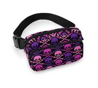 Confezione piccola da donna completamente stampata, portatile, decorativo per abiti alla moda con tracolla regolabile compatibile con teschio con ossa incrociate viola e rosa