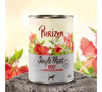 Confezione prova! Purizon Crocchette, Alimenti umidi e Snack per cane - 400g umido Single Meat Manzo con fiori di ibisco