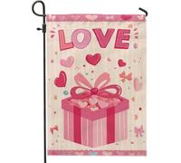 Confezione regalo bandiera da giardino, romantico cuore giocoso fiocco San Valentino pesca iuta doppia faccia bandiere decorative per cortile esterno patio prato anteriore portico balcone 30,5 x 45,7