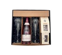 Confezione regalo black - Champagne Marquis de Pomereuil -1 Rosé - Cacaotines (1x150g) et Raisins au sauternes (1x100g) MAISON GUINGUET - 2 flûtes CHEF SOMMELIER