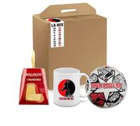 Confezione regalo box avana con mini pandoro Balo-cco 80 g + pallone in cuoio n.5 e tazza mug in ceramica prodotto dolciario per un tifoso Rossonero