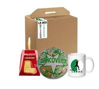 Confezione regalo box avana con mini pandoro Balo-cco 80 g + pallone in cuoio n.5 e tazza mug in ceramica prodotto dolciario per un tifoso Biancoverde dell' Avellino calcio