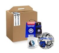 Confezione regalo box avana con Panettone Inter 500g con gocce di cioccolato e sciarpa + pallone in cuoio n.5 e tazza mug in ceramica prodotto dolciario per un tifoso nerazzurro