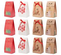 Confezioni Regalo Natale (12pz) - (18 x 11 x 7 cm) 6 Scatole Natalizie di Cartone Marroni Kraft , 3 Scatola per Regalo Rossa e Bianca con Nastri Rossi e Spago - Scatole Regalo Natale da Assemblare