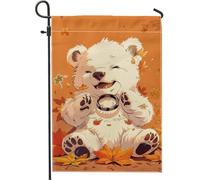 Confortevole bandiera da giardino orso autunnale arancione con foglie cadenti, decorazione per la casa, bandiera da giardino, bandiera da cortile in iuta double face, decorazione per prato all'aperto