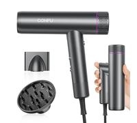 CONFU Asciugacapelli professionale agli ioni di litio, 1700 W, leggero e pieghevole, piccolo rumore, diffusore magnetico per styling, ugello extra lungo, per salone di casa e viaggi