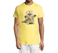 Confused and Cute Fluffy Kitten Art T-shirt girocollo da uomo in cotone giallo, Giallo, S