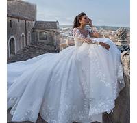 CongMing-huajia Abito da Sposa a Manica Lunga con Elegante Scollatura a V Indietro, Linea Lunga in Pizzo Nudo Applique Bianco Long Style-48