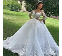 CongMing-huajia Abito da Sposa A Manica Lunga da Donna Abito da Sposa in Pizzo con Scollo A V da Favola Abito da Sposa con Applique Bianco White 44