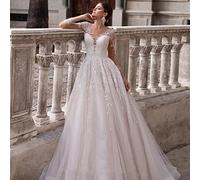 CongMing-huajia Vestito da Sposa Abito da Sposa Lungo Donna Matrimonio in Linea Manica Lunga con Scollo A V Elegante Schiena Nuda Abito da Sposa in Pizzo A Strascico Applique Bianco White 40