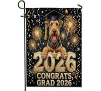 Congrats Grad Airedale Terrier Dog Front Yard Backyard Juta Giardino Bandiere 30,5 x 45,7 cm Double Face per esterni, motivo fuochi d'artificio piccole bandiere per prato, lauree casa all'aperto