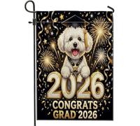 Congrats Grad Bichon Frise Dog Front Yard Backyard Juta Giardino Bandiere 30,5 x 45,7 cm Double Face per esterni, motivo fuochi d'artificio piccole bandiere per prato, lauree casa all'aperto bandiere