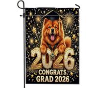 Congrats Grad Chow Chow Dog Front Yard Backyard Juta Giardino Bandiere 30,5 x 45,7 cm Double Face per esterni, motivo fuochi d'artificio piccole bandiere per prato, lauree casa all'aperto bandiere per