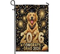 Congrats Grad Golden Retriever Dog Front Yard Backyard Juta Giardino Bandiere 30,5 x 45,7 cm Doppio Lato per Esterno, Motivo Fuochi D'artificio Piccole Bandiere Prato Bandiere, Laurea Casa All'aperto