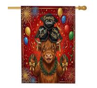 Congrats Grad Highland Cow Front Yard Backyard Vertical House Flags 28x40 Double Face per esterno, rosso divertente celebrazione laurea casa stampata bandiera el 2026 decorazione per la casa