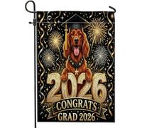 Congrats Grad Irish Setter Dog Front Yard Backyard Juta Giardino Bandiere 30,5 x 45,7 cm Double Face per esterni, motivo fuochi d'artificio piccole bandiere per prato, lauree casa all'aperto bandiere