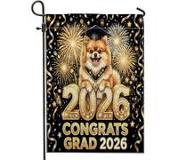 Congrats Grad Pomeranian Dog Front Yard Backyard Juta Giardino Bandiere 30,5 x 45,7 cm Double Face per esterni, motivo fuochi d'artificio piccole bandiere per prato, lauree casa all'aperto bandiere