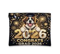 Congrats Grad St. Bernard Dog Makeup Bag, Pochette da viaggio per cosmetici da donna, piccola borsa portatile in tela con cerniera, borsa da toeletta per laurea, 17,8 x 22,9 cm
