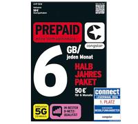 congstar Pacchetto SIM prepagato per 6 mesi in rete D, 6 GB 5G con 25 Mbit/s + 50 € saldo di avviamento I Telefonia & SMS Flat I roaming UE con